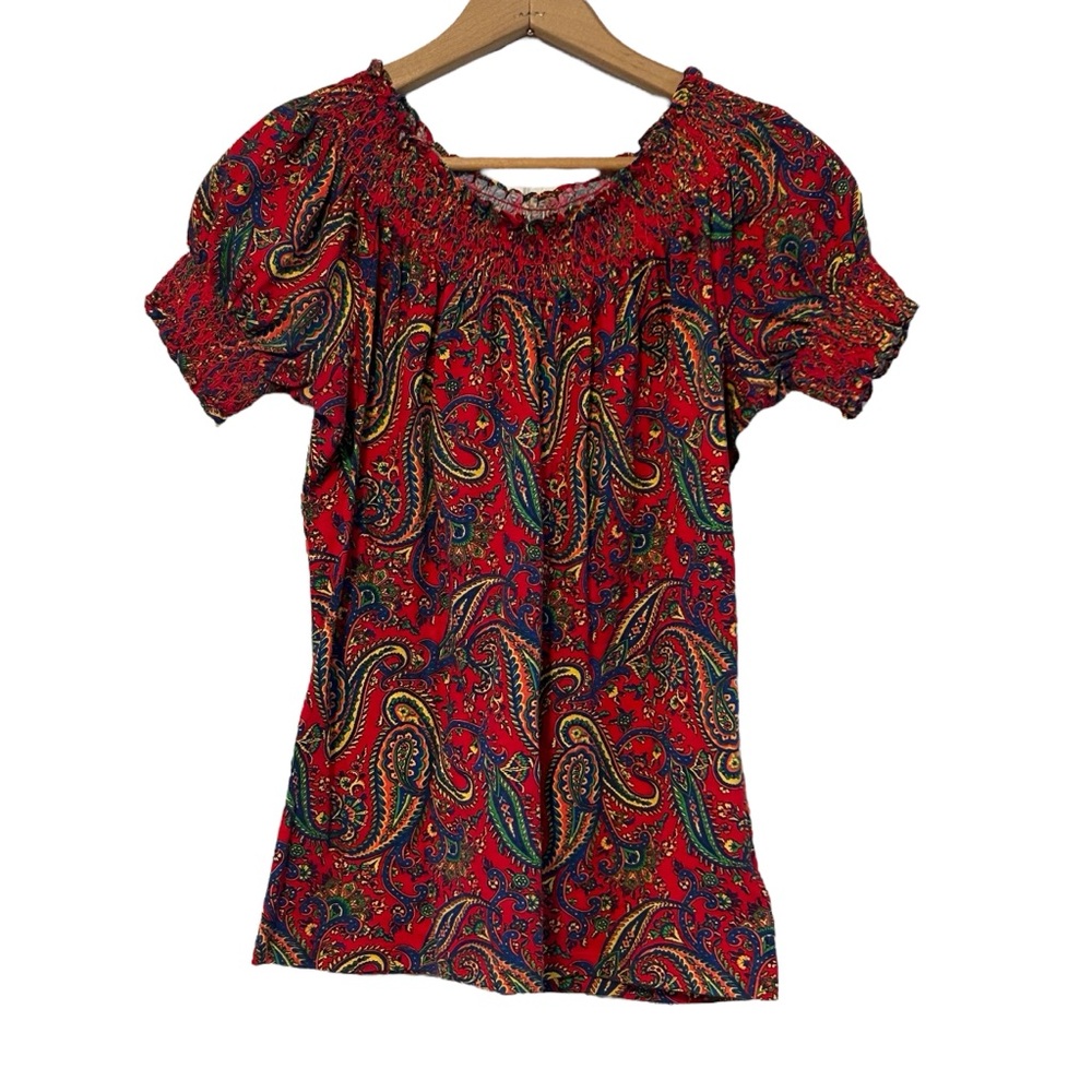Lauren Ralph Lauren Red Paisley Smocked Top Blouse Size PXS Women’s